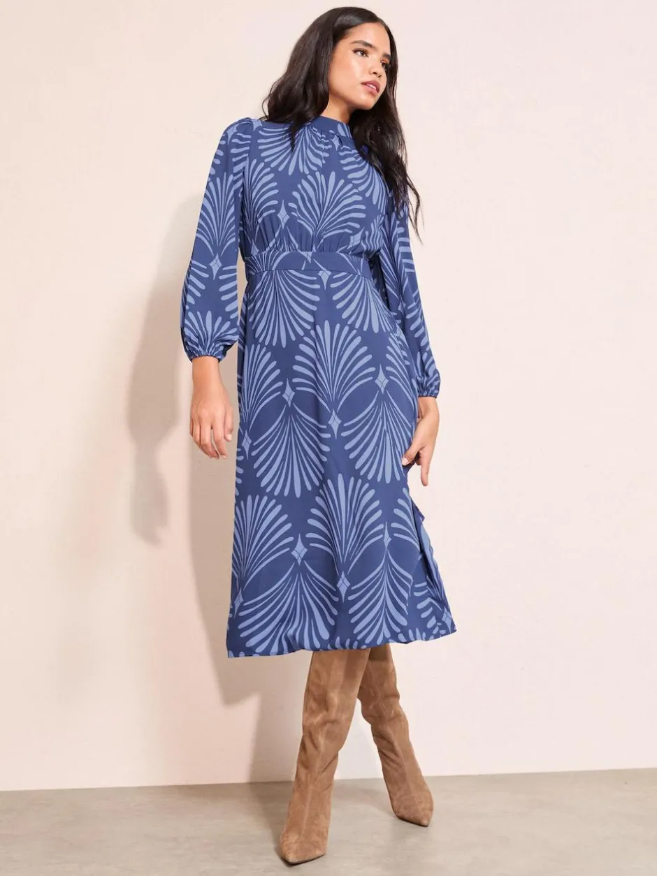 Friends Like These High Neck Long Sleeve Midi Dress with Bow Detailing Blue Geo New