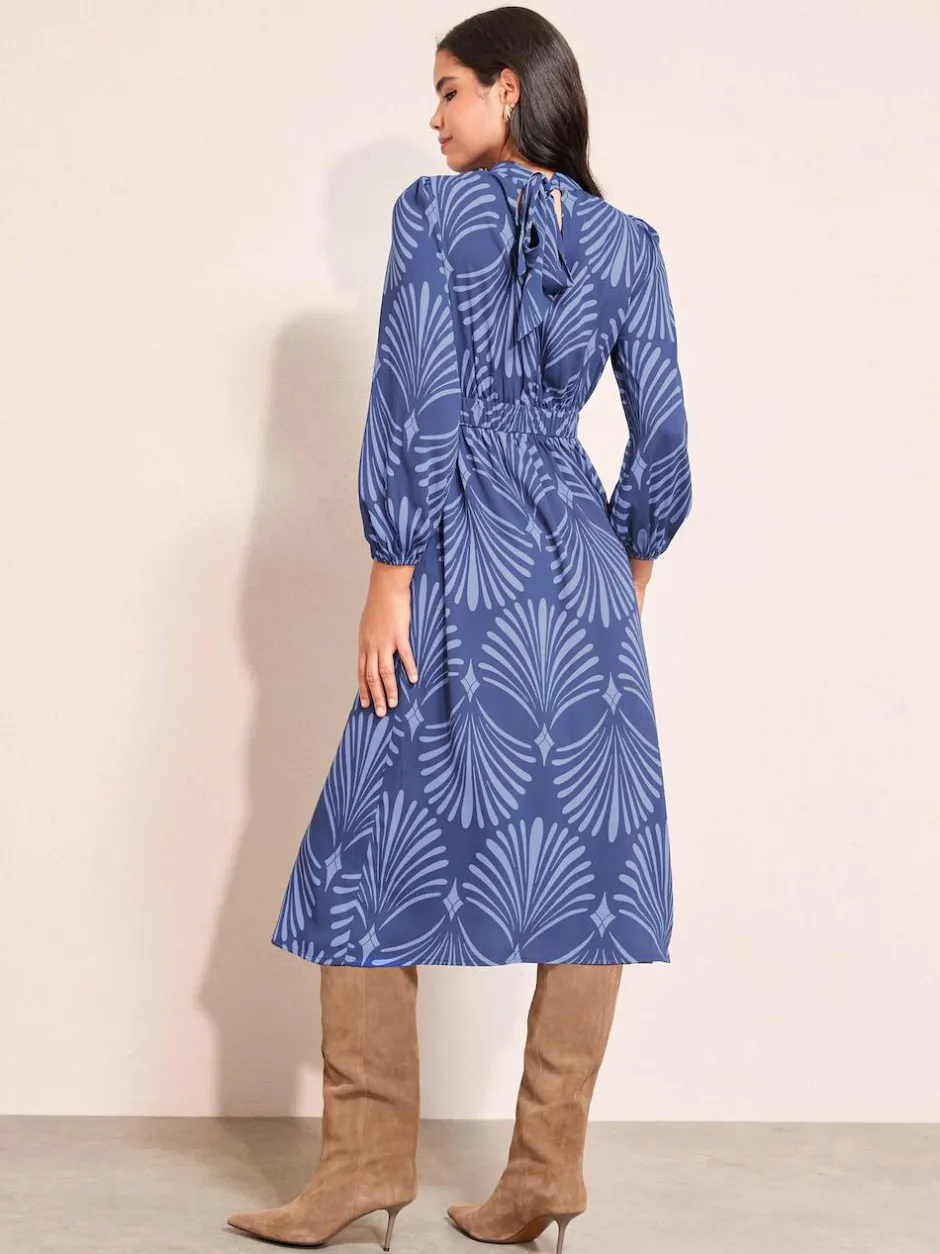 Friends Like These High Neck Long Sleeve Midi Dress with Bow Detailing Blue Geo New