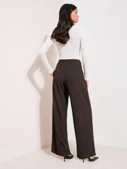 Friends Like These Petite Crinkle Jersey Wide Leg Trousers with Buckle Front Brown Sale