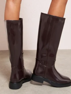 Friends Like These Standard fit Faux Leather Casual Flat Pull On Knee High Long Riding Boots Burgundy Red
