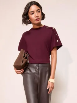 Friends Like These Button Detail Short Sleeve Top Burgundy New