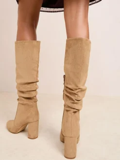 Friends Like These Standard fit Ruched Block Heel Knee High Long Faux Suede Boots Camel New
