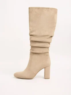 Friends Like These Standard fit Ruched Block Heel Knee High Long Faux Suede Boots Camel New