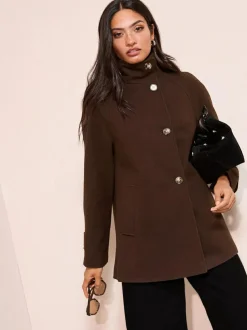 Friends Like These Funnel Neck Button Front Mid Length Coat Chocolate Brown Clearance