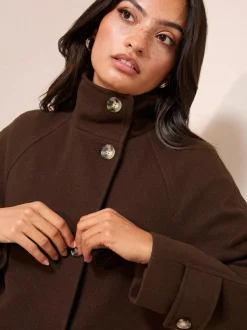 Friends Like These Funnel Neck Button Front Mid Length Coat Chocolate Brown Clearance