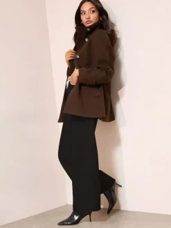 Friends Like These Funnel Neck Button Front Mid Length Coat Chocolate Brown Clearance