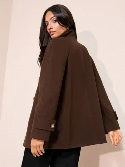 Friends Like These Funnel Neck Button Front Mid Length Coat Chocolate Brown Clearance