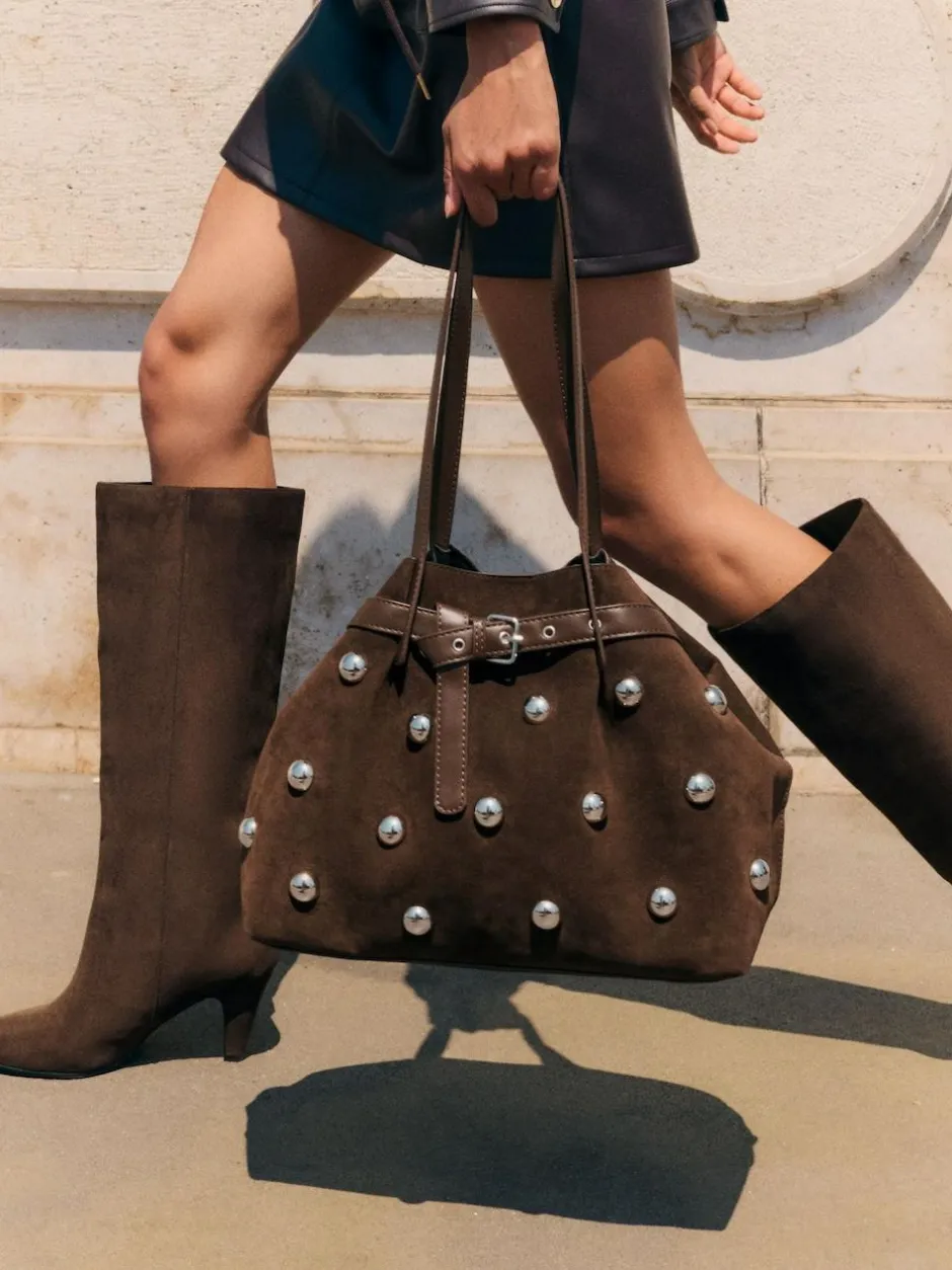 Friends Like These Chocolate Brown Faux Suede Studded Tote Bag Best