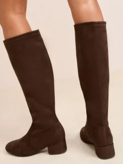 Friends Like These Standard fit Low Block Heel Faux Suede Knee High Sock Boots Chocolate Brown Outlet