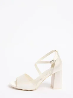 Friends Like These Cream Wide Fit Satin Cross Strap Mid Block Heel Peep Toe Bridal Sandals Outlet