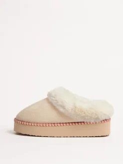 Friends Like These Faux Fur Cuff Embroidered Tape Nightwear Mule Slippers Cream Discount