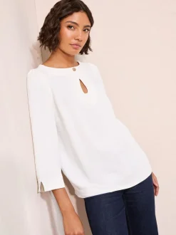 Friends Like These 3/4 Sleeve Keyhole Front Hardware Detail Blouse Cream Sale