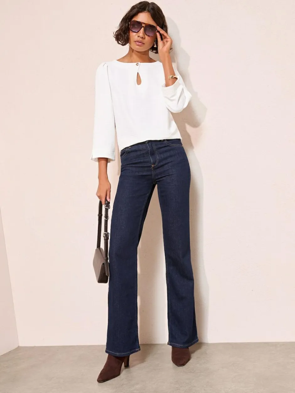 Friends Like These 3/4 Sleeve Keyhole Front Hardware Detail Blouse Cream Sale