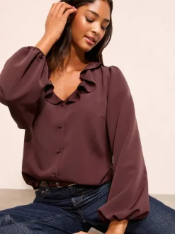 Friends Like These Long Sleeve Button Front Ruffle Blouse Fig Purple Best