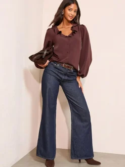 Friends Like These Long Sleeve Button Front Ruffle Blouse Fig Purple Best