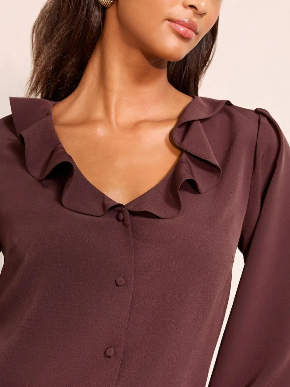 Friends Like These Long Sleeve Button Front Ruffle Blouse Fig Purple Best
