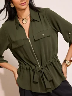 Friends Like These Utility Style Tie Waist Shirt Green New