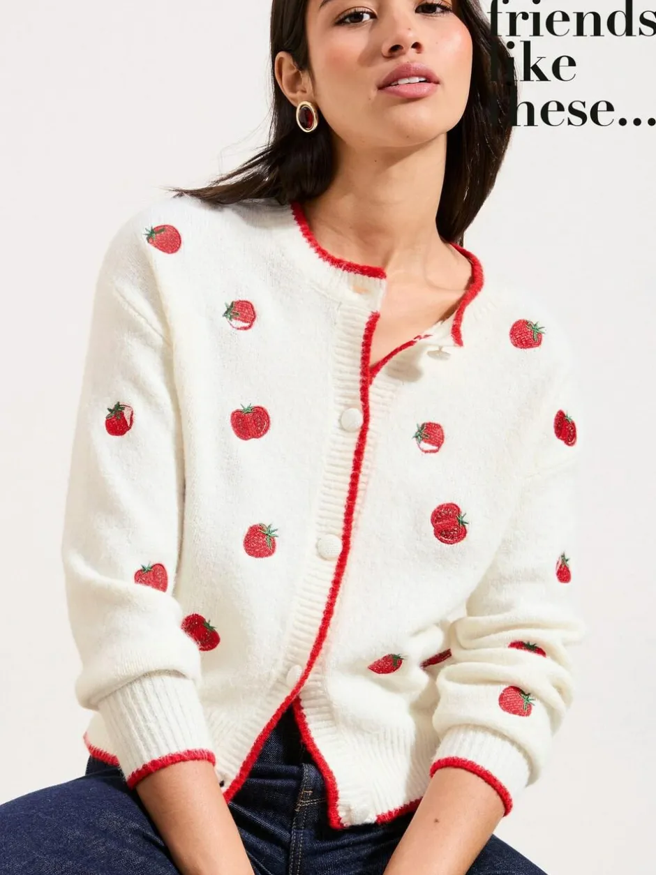Friends Like These Ivory Tomato Embroidered Cardigan Outlet