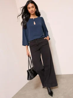 Friends Like These 3/4 Sleeve Keyhole Front Hardware Detail Blouse Navy Best