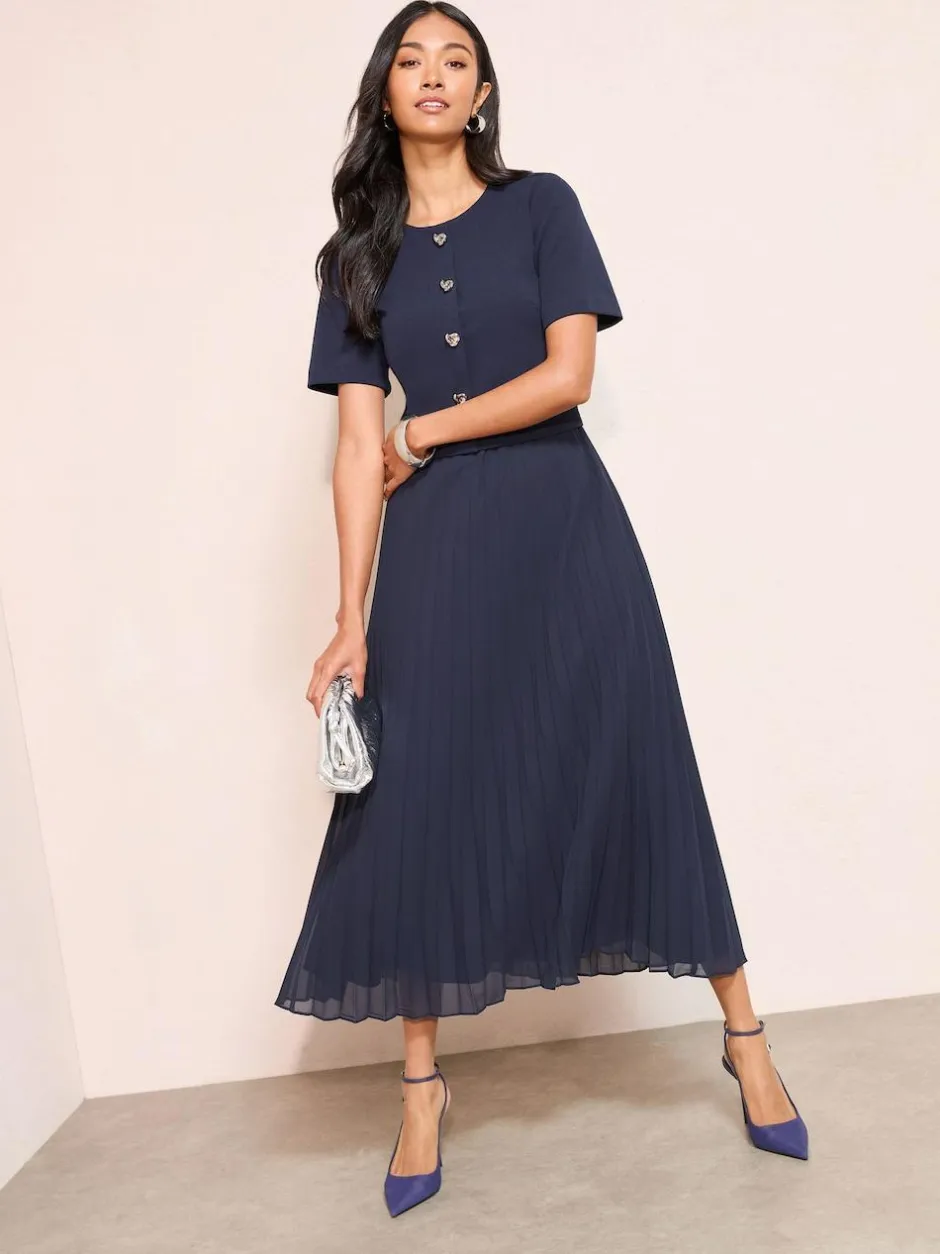 Friends Like These Petite Button Down 2-In-1 Pleated Dress Navy Blue Best