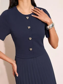 Friends Like These Petite Button Down 2-In-1 Pleated Dress Navy Blue Best
