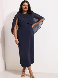 Friends Like These Navy Curve Asymmetric Chiffon Cape Scuba Midi Dress Clearance