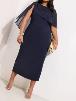 Friends Like These Navy Curve Asymmetric Chiffon Cape Scuba Midi Dress Clearance