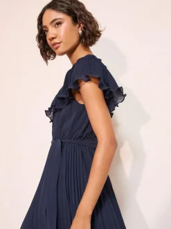 Friends Like These Chiffon Pleated Lace Insert Midi Dress Navy New