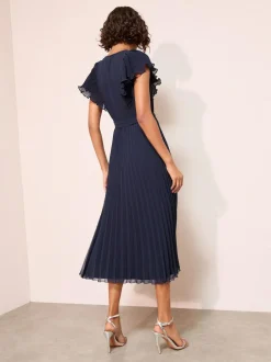 Friends Like These Chiffon Pleated Lace Insert Midi Dress Navy New