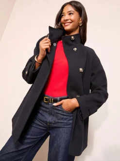 Friends Like These Funnel Neck Button Front Mid Length Coat Navy New