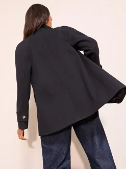 Friends Like These Funnel Neck Button Front Mid Length Coat Navy New