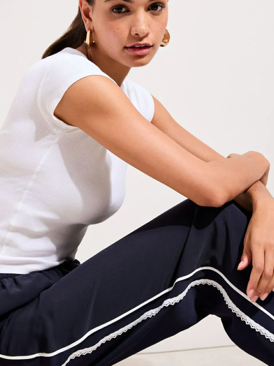 Friends Like These Petite Crochet Trim Wide Leg Trousers Navy Best