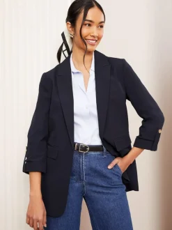 Friends Like These Petite Edge to Edge Tailored Sleeve Detail Blazer Navy Clearance