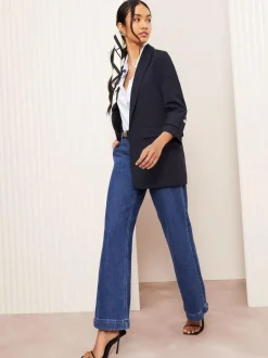 Friends Like These Petite Edge to Edge Tailored Sleeve Detail Blazer Navy Clearance