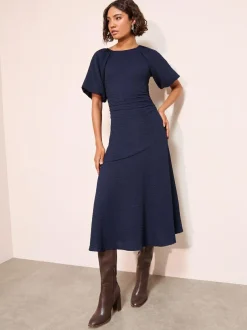 Friends Like These Textured Balloon Sleeve Midi Dress Navy Sale