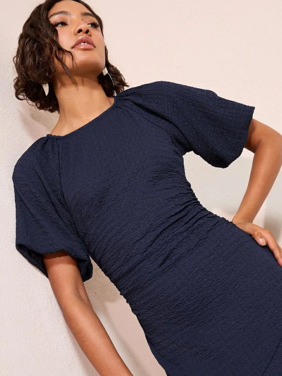 Friends Like These Textured Balloon Sleeve Midi Dress Navy Sale