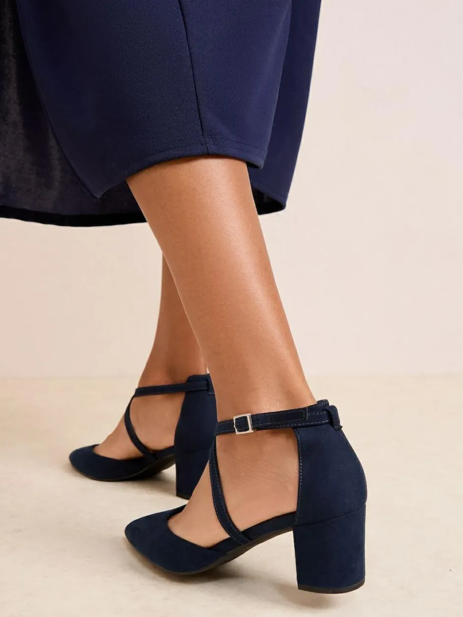 Friends Like These Wide Fit Block Heel Cross Strap Court Shoes Navy Online