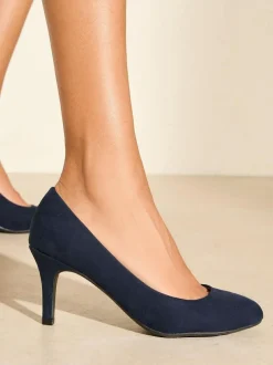 Friends Like These Wide Fit Low Stiletto Heel Round Toe Faux Suede Court Shoes Navy New