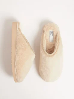 Friends Like These Supersoft Embroidered Tape Faux Fur Nightwear Mule Slippers Neutral Hot