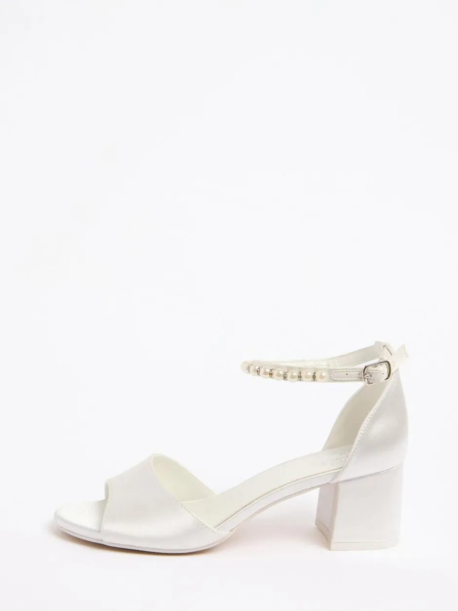 Friends Like These White Satin Low Block Heel Pearl Strap Bridal Sandals Sale
