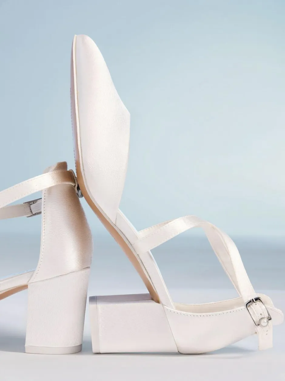 Friends Like These White Wide Fit Satin Mid Block Heel Bridal Court Shoes Outlet