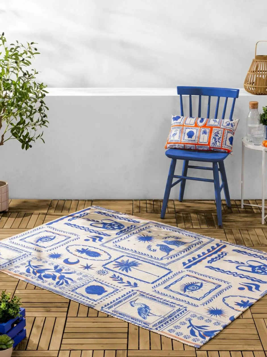 Furn Blue Frieze Abstract Outdoor/Indoor Washable Rug Clearance