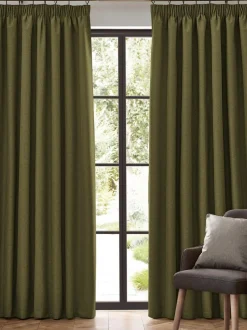 Furn . Olive Dawn 100% Blackout Thermal Pencil Pleat Curtains New