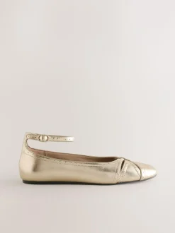 Next Forever Comfort® Leather Ballet Flats With Ankle Strap Gold Hot