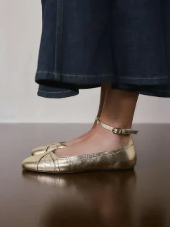 Next Forever Comfort® Leather Ballet Flats With Ankle Strap Gold Hot