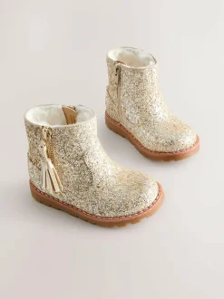 Next Gold Glitter Standard Fit (F) Chelsea Zip Tassel Ankle Boots Sale