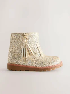 Next Gold Glitter Standard Fit (F) Chelsea Zip Tassel Ankle Boots Sale