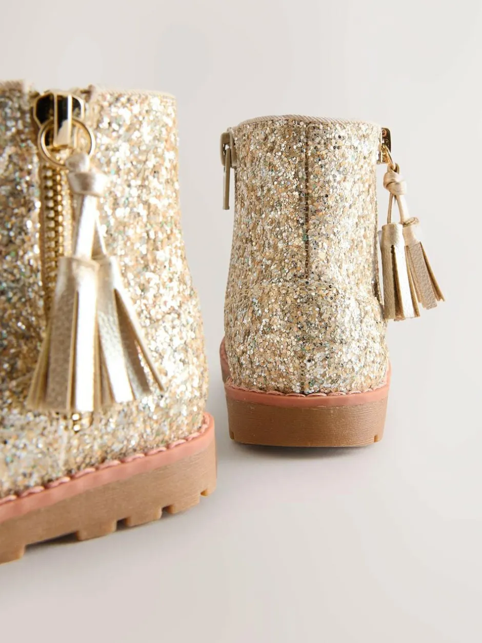 Next Gold Glitter Standard Fit (F) Chelsea Zip Tassel Ankle Boots Sale