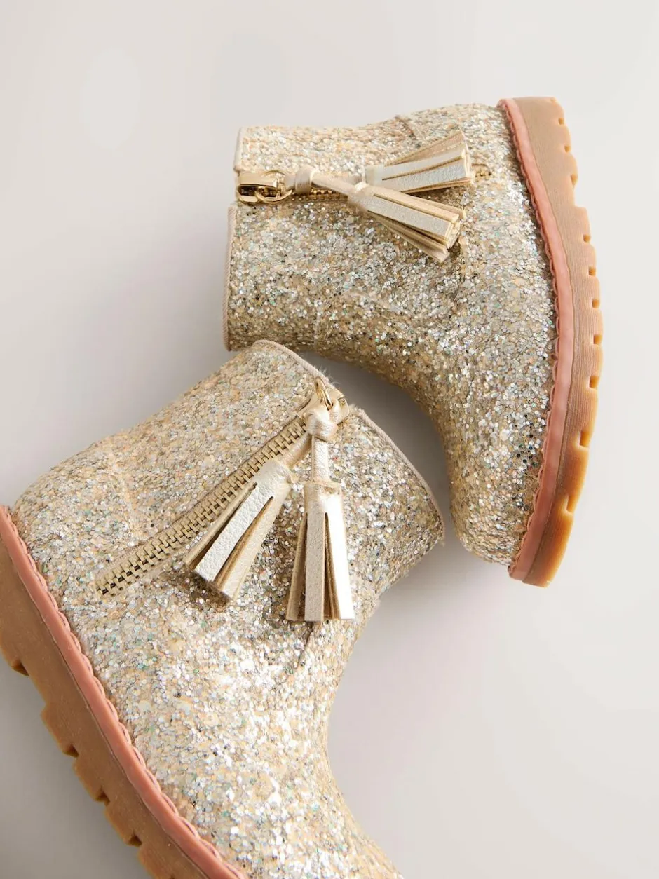 Next Gold Glitter Standard Fit (F) Chelsea Zip Tassel Ankle Boots Sale