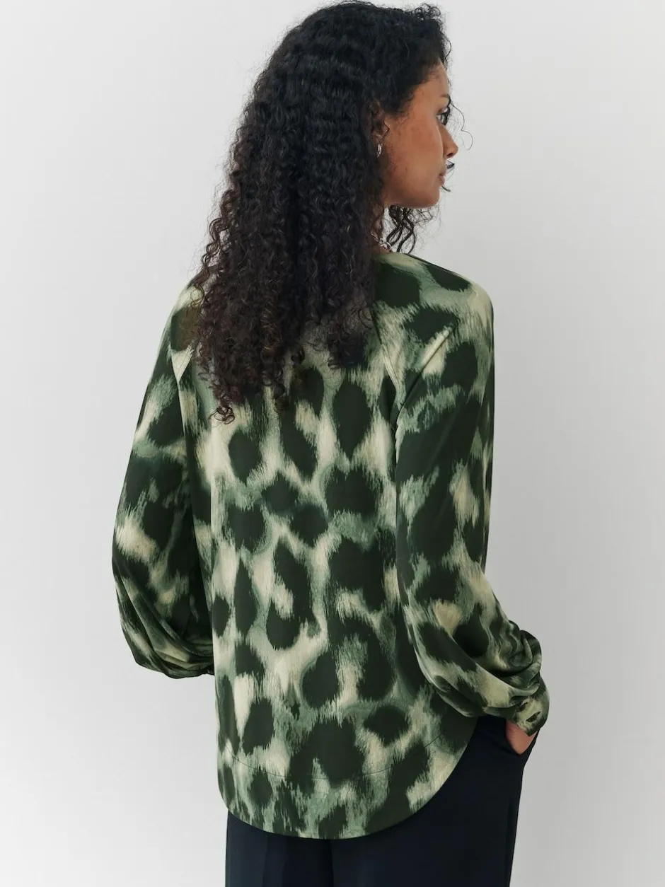 Next Long Sleeve V-Neck Jersery Blouse Green Animal New